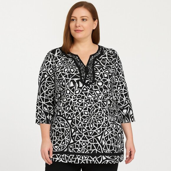 Style & Co Black White Tile Print 3/4 Sleeve 100% Linen Tunic Top Womens 24W NWT - Picture 1 of 13